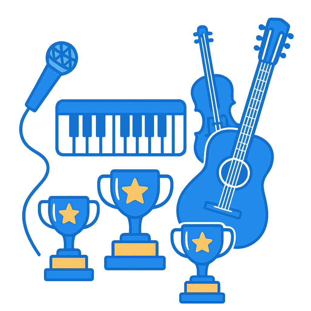 Piano, mic, guitar, violin and a trio of trophies
