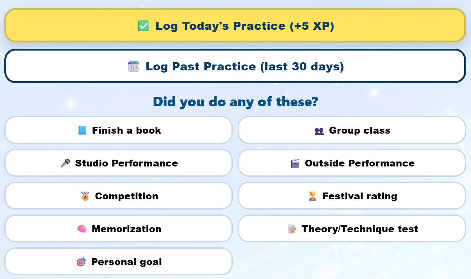 Quick Log milestones screen